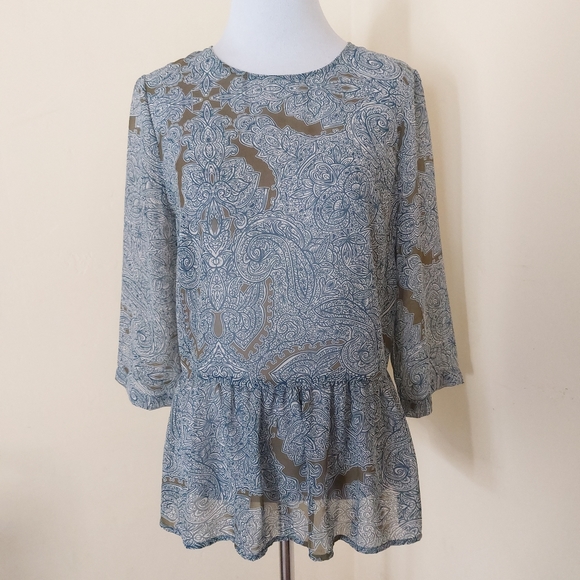 Petticoat Alley Floral Paisley Green Blue White Sheer Peplum Blouse - Picture 2 of 9
